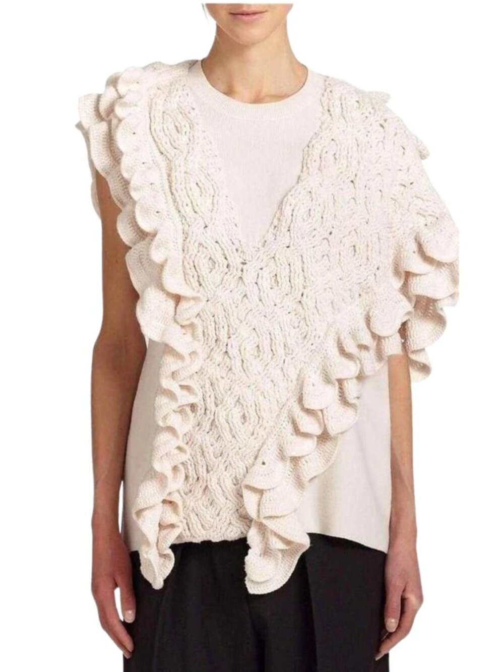 Phillip Lim Wool Crochet Ruffle Sleeveless Knit Ecru Sweater Vest Size M